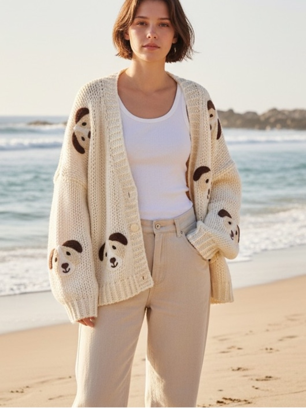 debut Cream Dog-Face Knit Cardigan M/L oversized puppy 3d